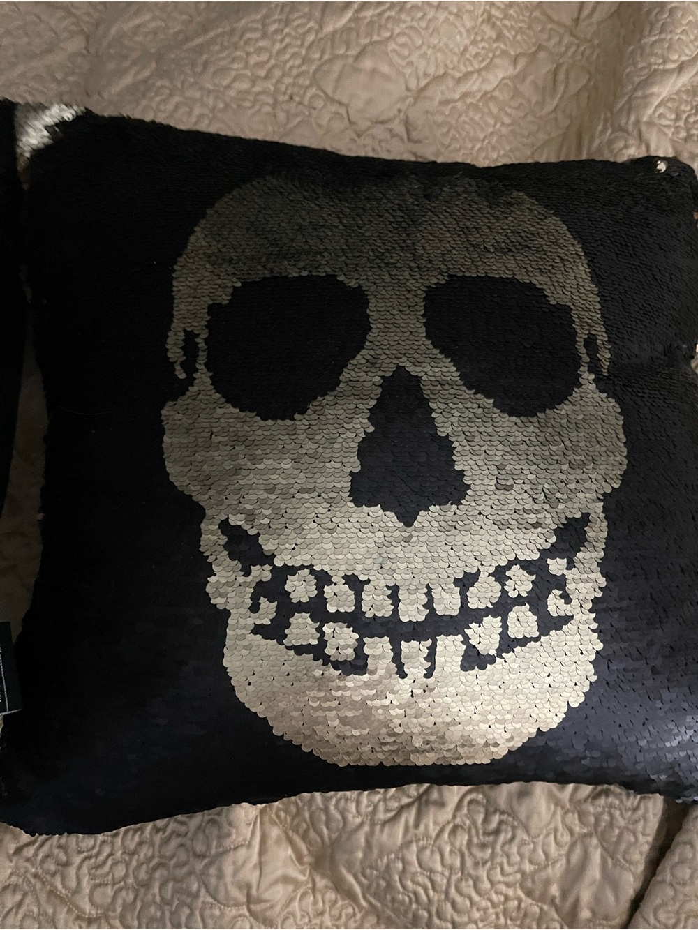 2 Sequin Skull Throw Pillows- Black and gold
